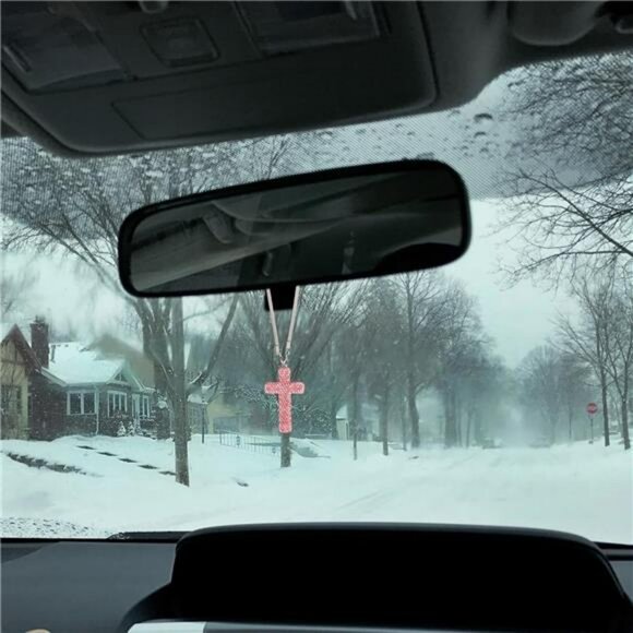 Pink rhinestone cross car mirror hanging ornament christian rearview charm decor - Picture 6 of 8